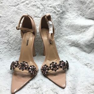 Fashion Nova Nude Heels with Beaded Accents 3.5 inch